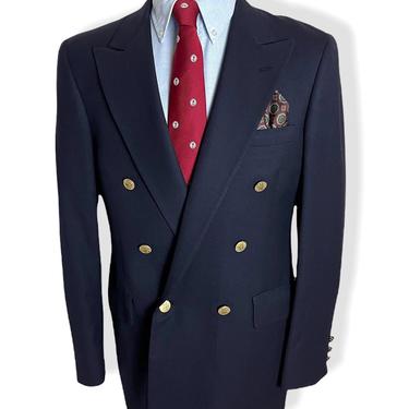Vintage BILL BLASS Wool Gabardine Double-Breasted Blazer ~ 38 R ~ jacket / sport coat ~ Ivy Style / Preppy / Trad ~ Gold Buttons ~ Navy Blue 
