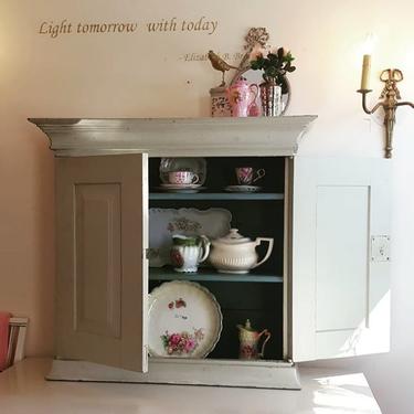 Antique White Swedish Wall Cabinet 32" (81cm) Wide at the Top, 30" (76cm) High, 11.5" (29cm) Deep Exterior Top, 7.5" (19cm) Interior, 2 shelves Muted Slate Blue Painted Interior Can