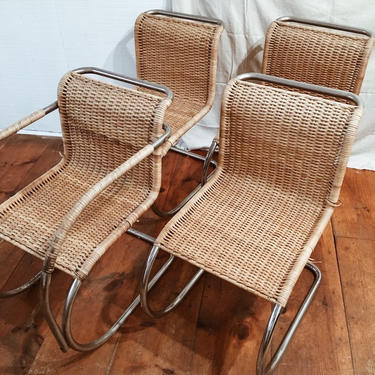 Vintage Mies Van Der Rohe Style Chairs, Rattan Chrome Chairs, Set of 6 dining chairs, 4 armless chairs, 2 host chairs with arms 
