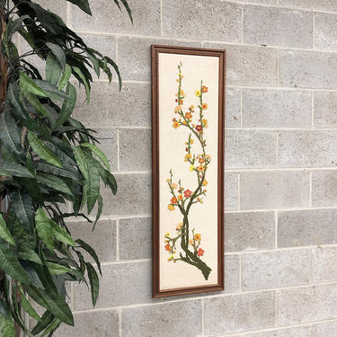 Vintage Crewel Embroidery Retro 1970s Large Size 46x15 Red + Orange + Yellow + Green + Peach + Flowers + Floral + Fiber Wall Art Home Decor 