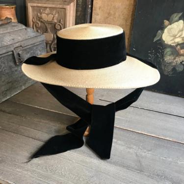 Antique French Straw Hat, Edwardian, Panama Straw Bonnet, Wide Brim, Black Velvet Ties, Period Clothing 