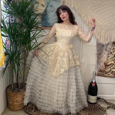 50's LACE WEDDING DRESS - tulle layered skirts - x-small 