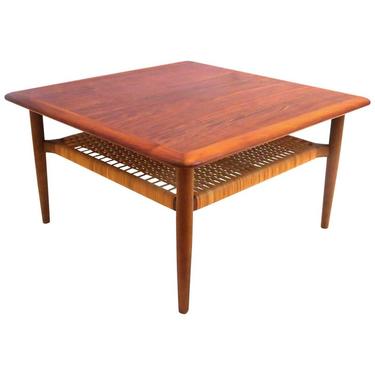 Trioh - Danish Teak Rectangular Two Tier Coffee Table with Cane Shelf