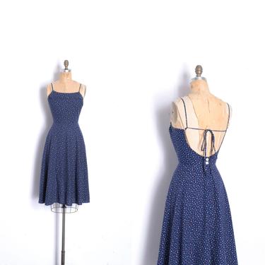 Vintage 1970s Dress / 70s Calico Floral Backless Sundress / Navy Blue ( small S ) 