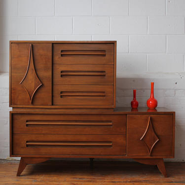 2 Piece Mid Century Modern Walnut Credenza with Star-Patterned Sliding Doors 