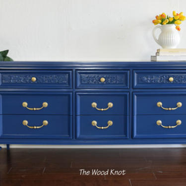 Permacraft Nine Drawer Navy Blue Dresser With Carved Front