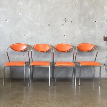 Set of Four Mid Century Orange Leather &amp; Chrome Dining Chairs