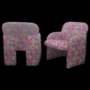 Vintage Chunky Postmodern Diminutive Low Profile Club Chairs
 - a Pair
