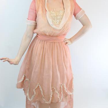 Antique Edwardian Dress Pink Cotton Lace Trim Petal Skirt  Size S XS 