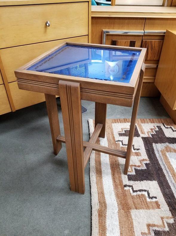 Art Deco side table with blue mirror top