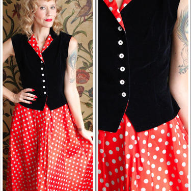 Early 1950s 2pc Dress Set // Vibrant Polka Dot &amp; Velvet Blouse + Skirt // vintage 50s set 