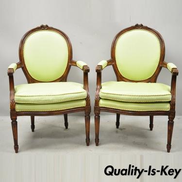 French Louis XVI Country Oval Medallion Back Green Fauteuil Arm Chairs - a Pair