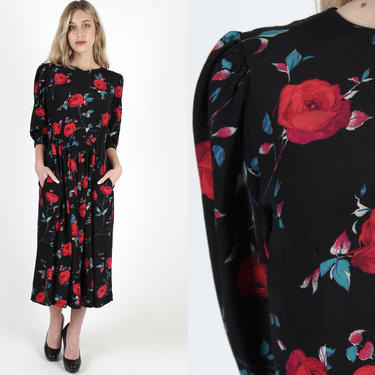 Sexy Open Key Hole Back Dress Vintage 80s Black Roses Dress Red Floral All Over Print Cut Out Dress Full Skirt With Pockets Midi Maxi Dress 