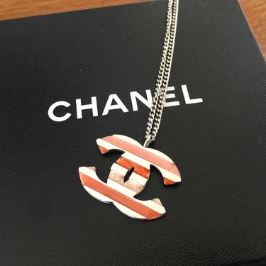 Vintage 90's CHANEL Large CC Logo Silver w Enamel Stripes Charm Pendant Necklace Jewelry 