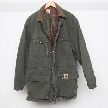 vintage men's olive green CARHARTT chore jacket vintage CORDUROY collar heavy coat with flannel liner -- men's Size Extra Large 