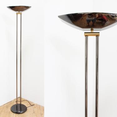 Brass Chrome Torchiere Floor Lamp Memphis Deco Halogen Malachite Black 80s 90s 