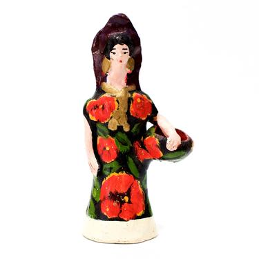 VINTAGE: Ceramic Lady Figurine - Flower Figurine - Red Roses - Lady Holding Bowl - SKU 23-B-00011182-os-no 