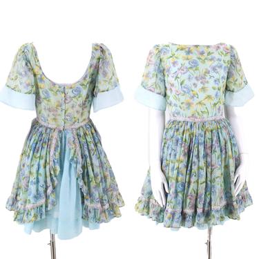 60s mini prairie dress S / vintage 1960s print voile ruffled Victorian dolly dress Harajuku Kawaii 