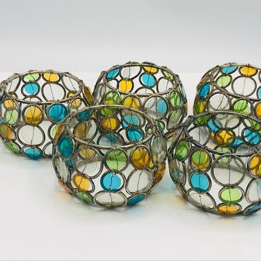 Vintage Set of (5) Metal Napkin Ring Holders -with orange , green and blue circles- Pier One 