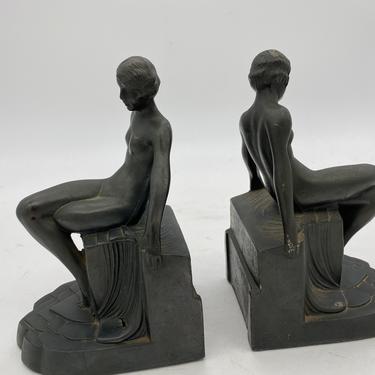 Nude Art Deco Flapper Girl Spelter Metal Bookends by Nuart, Pair 