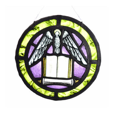 Vintage Round Stained Glass Window with Bird Atop Open Book 