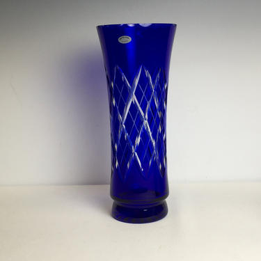 Vintage Cut to Clear Cobalt Blue Crystal Glass Vase Criss Cross USSR Russian 10&amp;quot; 