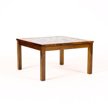 Danish Modern / Mid Century Figural Rosewood Coffee Table – Square proportion w/ inlaid cobalt blue tile 