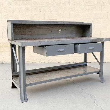 Antique Machine Age Industrial Workbench With Two Drawers