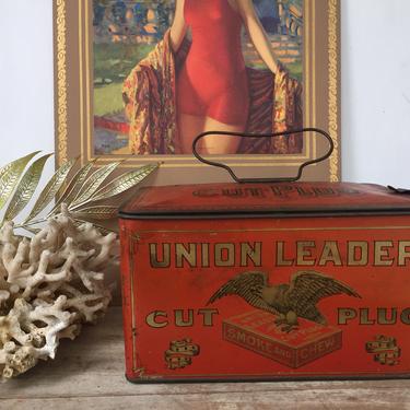 Antique Union Leader Cut Plug Tin, Patriotic Faded Red Orange And Gold, Lunch Box Style Tin, Tobacciana, Very Nice Shape 