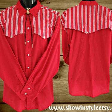 H Bar C, California Ranchwear Vintage Western Men's Cowboy Shirt, Bright Red with Striped Cape, Approx. X-Large (see meas. photo) 
