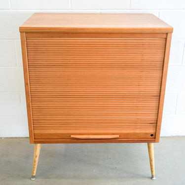Gorgeous Vintage Danish Mid-Century Modern Solid Teak Wood Roll-Front Cabinet / Bar - Made in Denmark - Two Available and Sold Separately! 