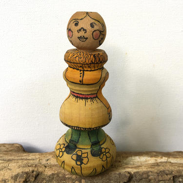 70's Vintage Hand Painted Wooden Doll, Signed By Artist, Craft Doll, Small Wood Art Doll From 1970 