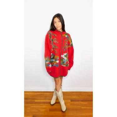 Dobrila Wool Cardigan Sweater // vintage knit boho hippie red dress blouse hippy sweater 80s embroidered Christmas holiday oversize // O/S 