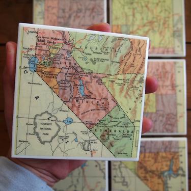 1957 Nevada Vintage Map Coasters - Ceramic Tile Set of 6 - Repurposed 1950s Hammond Atlas - Handmade - State Map - Reno Las Vegas Lake Mead 