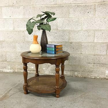 Vintage Side Table Retro 1970's Wood and Cane Dark Brown Round Coffee Table with Glass Top LOCAL PICKUP ONLY 