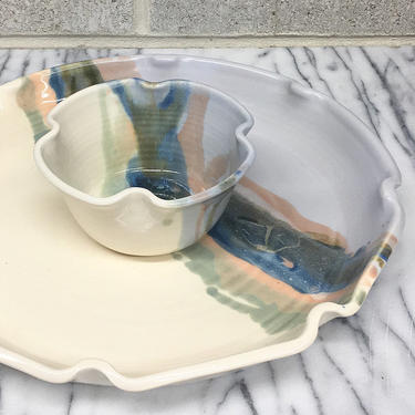 Vintage Chip and Dip Retro 1990s Bohemian + Handmade + Pottery + Drip Glaze + 2 Piece Set + Serving Platter and Bowls + Boho Kitchen Decor 