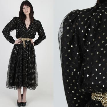 Halston III Evening Dress / Sheer Black Lace Bridal Gown / Shiny Gold Polka Dots / 1980s Formal Red Carpet Deep V Maxi Dress 