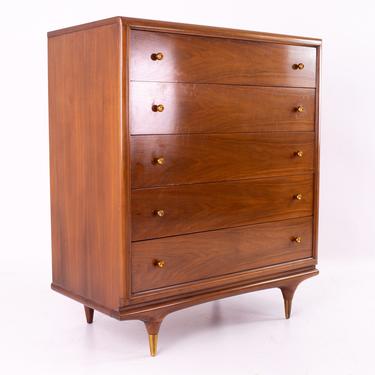 Kent Coffey &amp;quot;The Continental&amp;quot; Mid Century Walnut and Brass 5 Drawer Highboy Dresser - mcm 