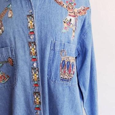 90s Embroidered Denim Jeans Shirt Southwest Native American / Long Sleeved Button Down El's Creations American Indian Cowboy Cowgirl / M 