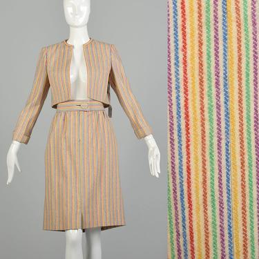 Large 1970s Pauline Trigere Skirt Suit Rainbow Stripe Bolero Jacket Skirt Set 