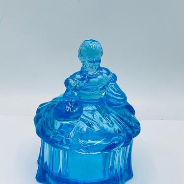 Westmoreland Colonial Lady Covered Dresser Powder Trinket Dish Blue glass 