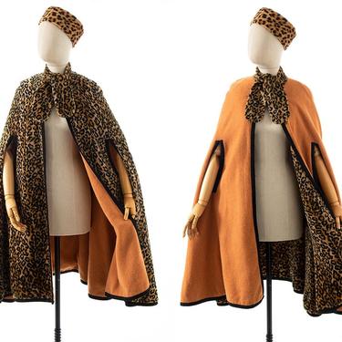 Vintage 1970s Cape | 70s REVERSIBLE Leopard Print Faux Fur Burnt Pumpkin Orange Wool Mohair Tie Neck Long Poncho Coat (xs-large) 