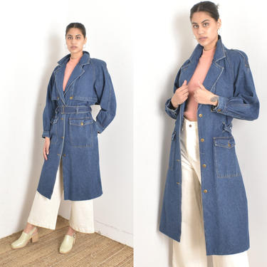 Vintage 1980s Jacket / 80s Denim Slouchy Trench Coat / Blue ( M L ) 