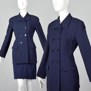 Small Donna Karan Navy Blue Skirt Suit Fitted Jacket Tapered Skirt Double Breasted Pockets Vintage 1980s Womens Separates 