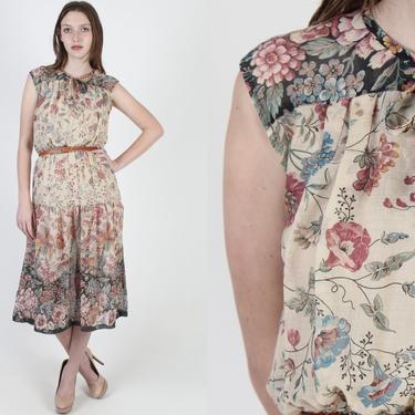 Vintage 70s WildFlower Prairie Dress Sheer Bow Tie Garden Tiered Ivory Midi Mini Dress 