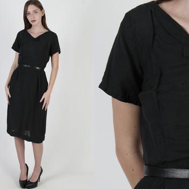 Vintage 50s Rockabilly Silk Dress / Womens Evening Little Black Dress / Slim Pencil Skirt / Single Color Evening Midi Mini Dress 