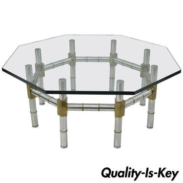 Mid Century Modern Chrome and Brass Faux Bamboo Glass Top Octagonal Coffee Table