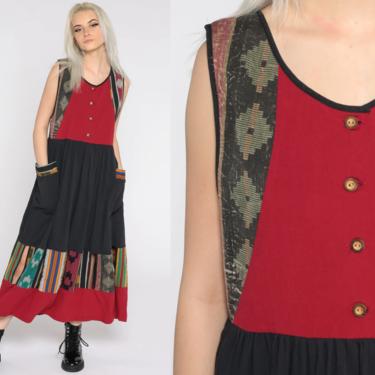 90s Maxi Dress Ikat Dress CUTOUT Bohemian Hippie Dress Striped Dress Red Black Cut Out 1990s High Waisted Boho Sleeveless Vintage Medium 