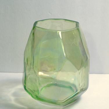 Iridescent Glass Vase Faceted Vase Lime Green Glass Planter Art Glass Asymmetrical Glass Vase Organic Shaped Glass Planter 