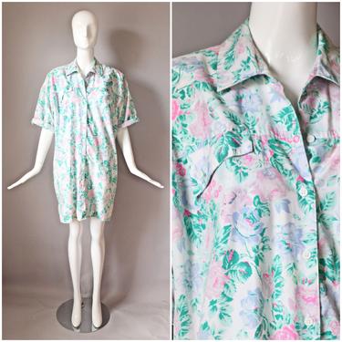 vtg 80s Gitano Plus pink rose print extra long button down shirt dress style short sleeve blouse w/ pockets | 1980s 90s | size 42 